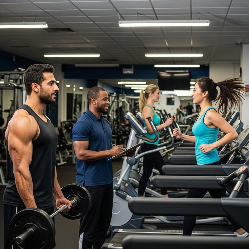Vibrant Gym Scene with Diverse Gym-Goers Vibrant Gym Scene with Diverse Gym-Goers