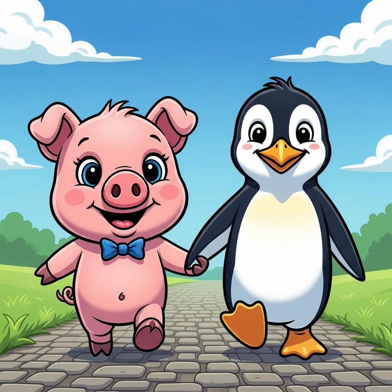 Cute Penguin and Piglet Cartoon Holding Hands