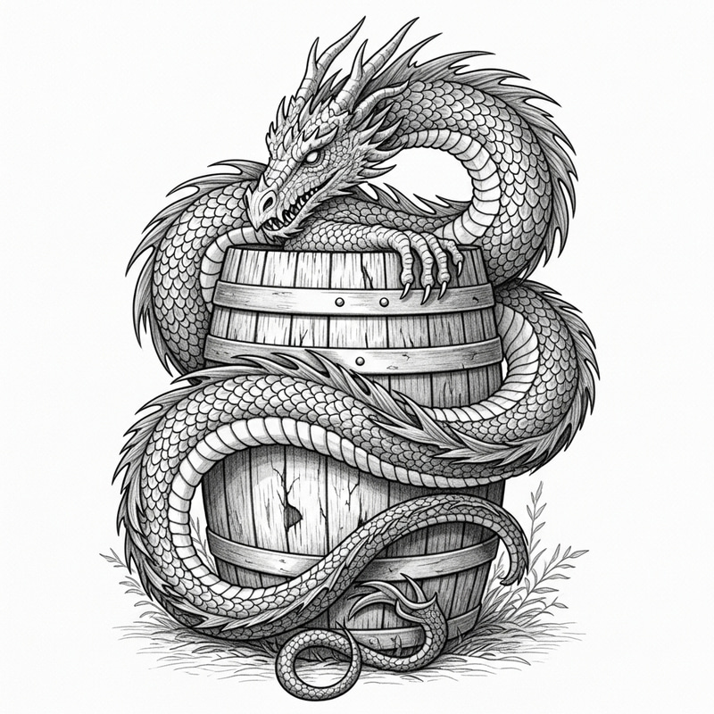 Intricately Detailed Pencil Drawn Dragon Coiled Around Weathered Wine Barrel Intricately Detailed Pencil Drawn Dragon Coiled Around Weathered Wine Barrel