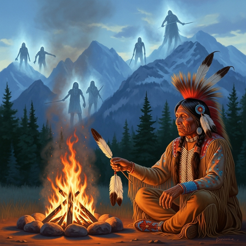 Spellbinding Native American Shaman Gazing into Enchanted Campfire Spellbinding Native American Shaman Gazing into Enchanted Campfire