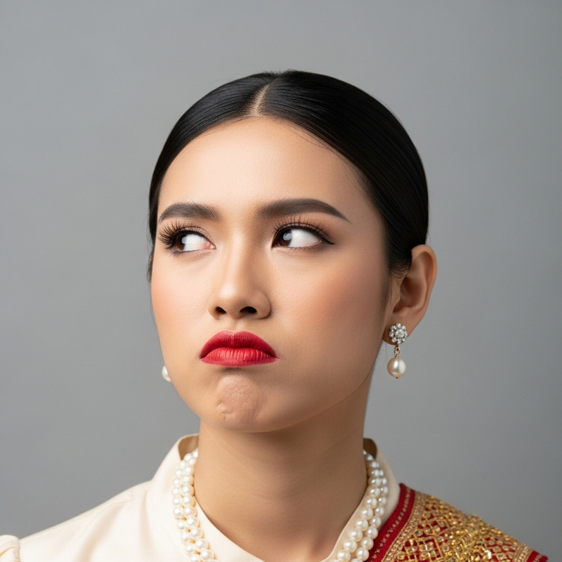 Amusing Thai Woman Staring with Red Lipstick and Pearl Necklace