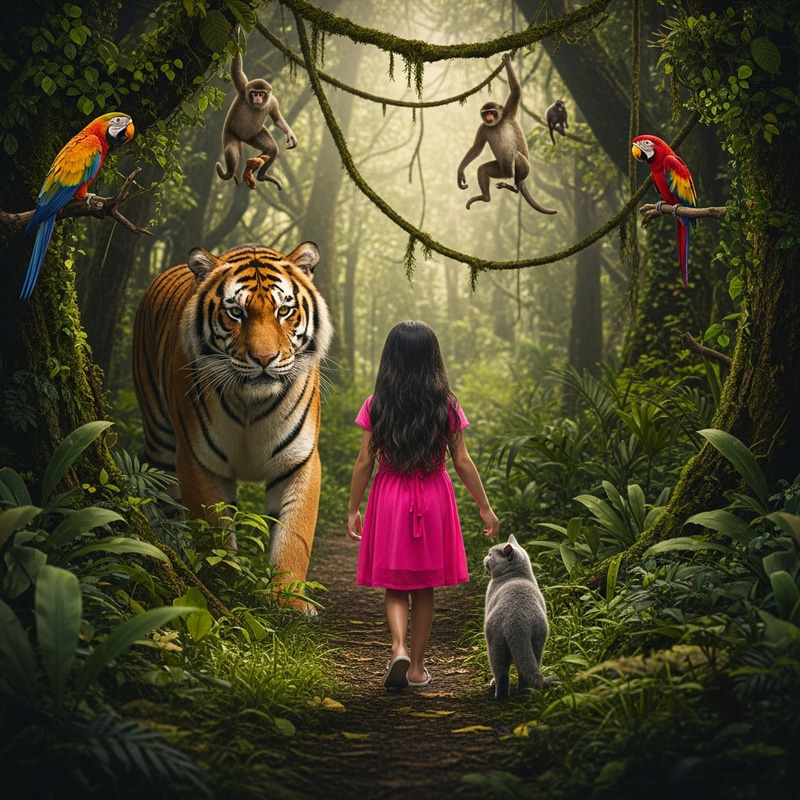 Hyperrealistic Jungle Encounter: Girl, Cat, and Tiger Hyperrealistic Jungle Encounter: Girl, Cat, and Tiger