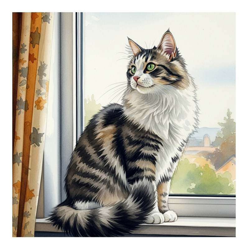 Majestic Watercolor Cat on Windowsill - Soft and Shimmering Majestic Watercolor Cat on Windowsill - Soft and Shimmering