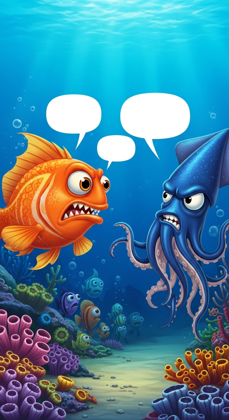 Intense Fish-Squid Quarrel in Underwater Scene Intense Fish-Squid Quarrel in Underwater Scene