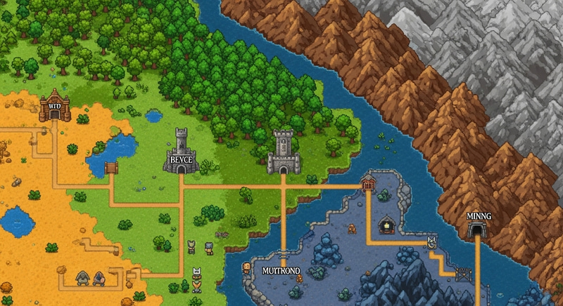 Detailed Pixel Art Level Selection Map | Top-Down Adventure Scene Detailed Pixel Art Level Selection Map | Top-Down Adventure Scene