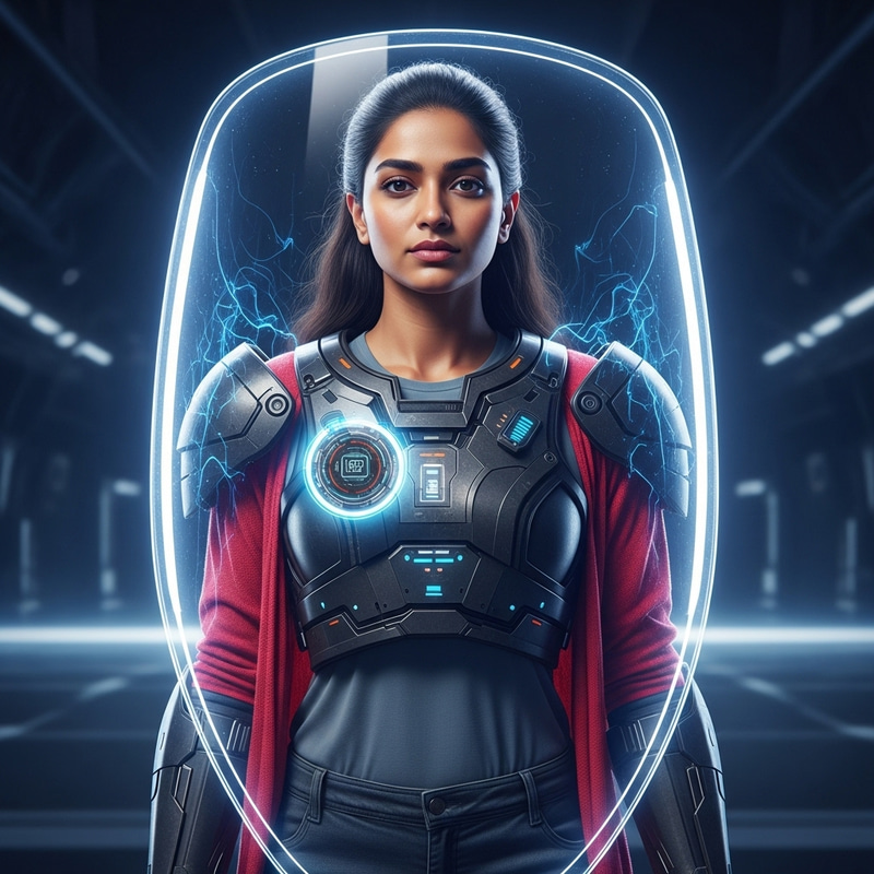 Futuristic Woman with Digital Badge and Protective Energy Shield Futuristic Woman with Digital Badge and Protective Energy Shield
