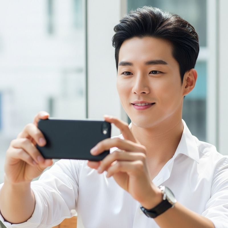 Handsome Korean Man Taking Selfie | Trendy White Shirt Look