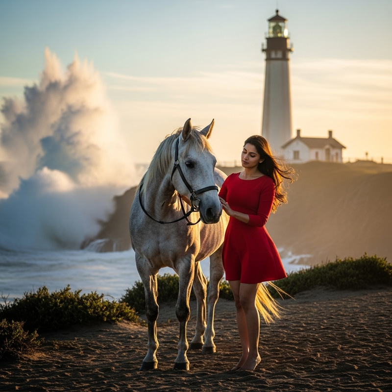 Enchanting South Asian Woman in Red Dress with Horse at Lighthouse Enchanting South Asian Woman in Red Dress with Horse at Lighthouse