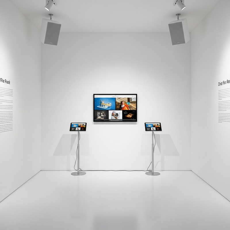 White Empty Exhibition Room with iPads and Speakers White Empty Exhibition Room with iPads and Speakers
