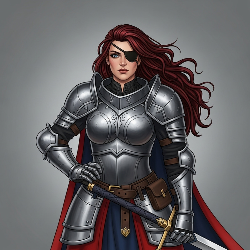 Brave Hispanic Knight Woman with Dark Red Hair and Eye Patch Brave Hispanic Knight Woman with Dark Red Hair and Eye Patch
