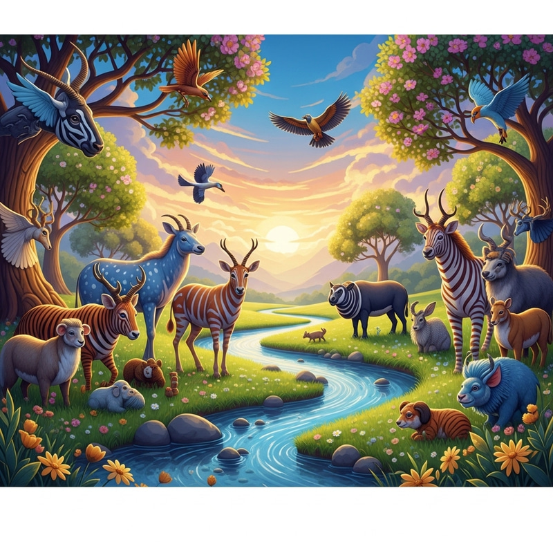 Whimsical Animals in Enchanting Green Meadow | Nature's Splendor Whimsical Animals in Enchanting Green Meadow | Nature's Splendor