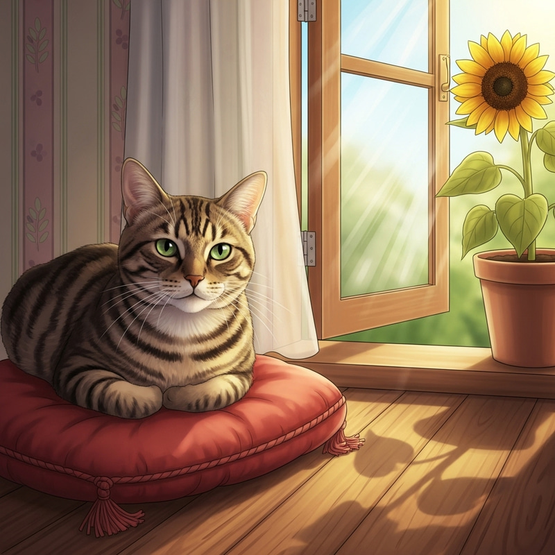 Elegant Tabby Cat on Red Cushion | Tranquil Home Setting Elegant Tabby Cat on Red Cushion | Tranquil Home Setting