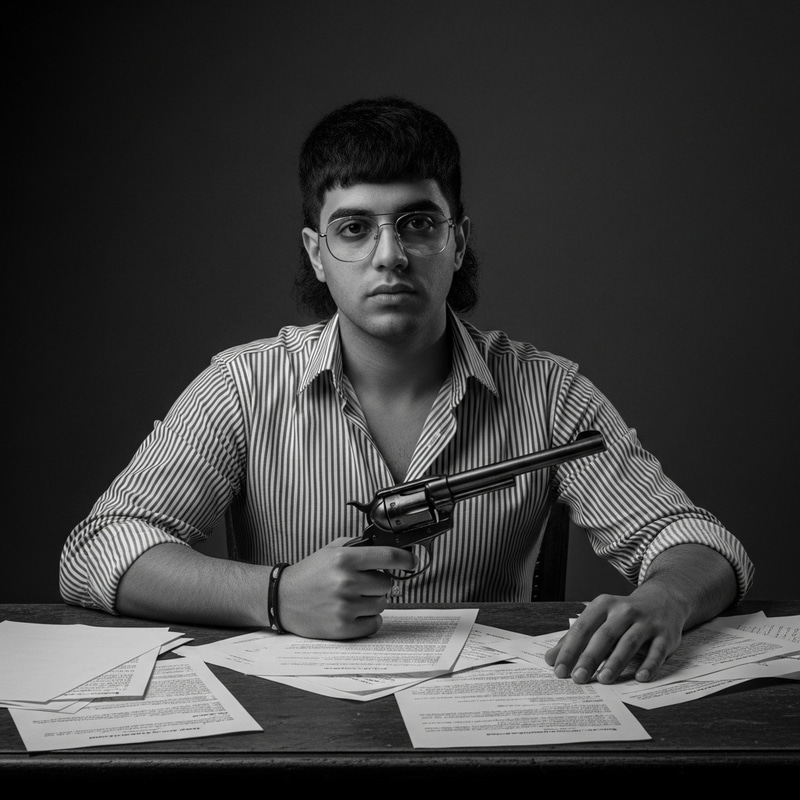 20-Year-Old Man with Mullet Hair, Striped Shirt, and Revolver at Desk in Black and White 20-Year-Old Man with Mullet Hair, Striped Shirt, and Revolver at Desk in Black and White