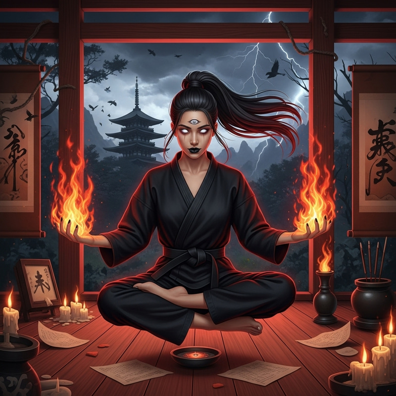 Young Japanese-American Woman Meditating in Lotus Pose with Hellfire Hands Young Japanese-American Woman Meditating in Lotus Pose with Hellfire Hands