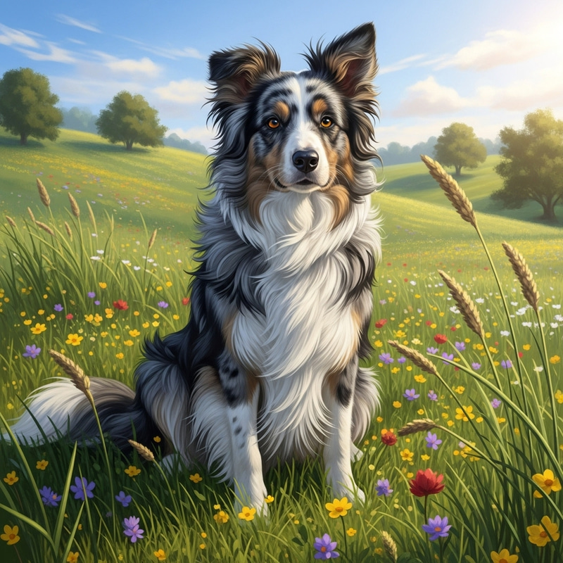 Beautiful Blue Merle Border Collie in Sunny Meadow Beautiful Blue Merle Border Collie in Sunny Meadow