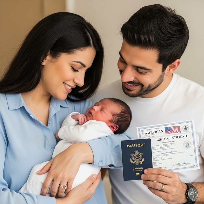 Happy Parents with Newborn Holding American Passport and Birth Certificate Happy Parents with Newborn Holding American Passport and Birth Certificate