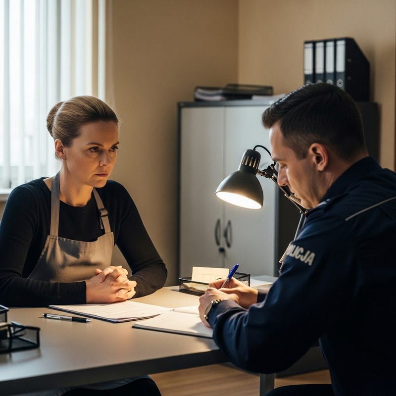 European Woman & Polish Police Officer in Office Scene