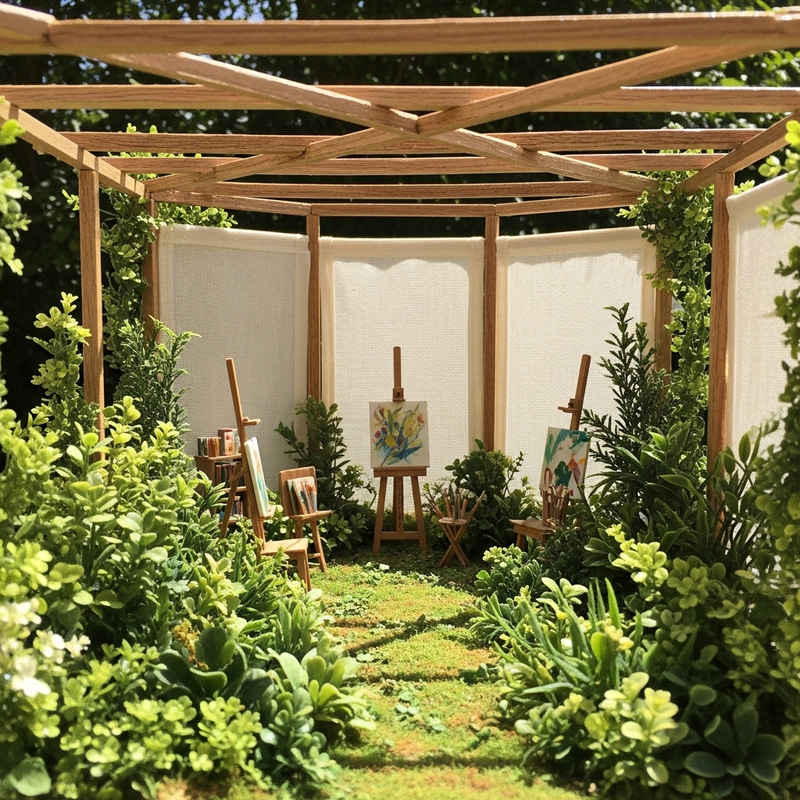 Serene Sunlit Outdoor Art Studio Diorama with Lush Plants and Wooden Beams Serene Sunlit Outdoor Art Studio Diorama with Lush Plants and Wooden Beams