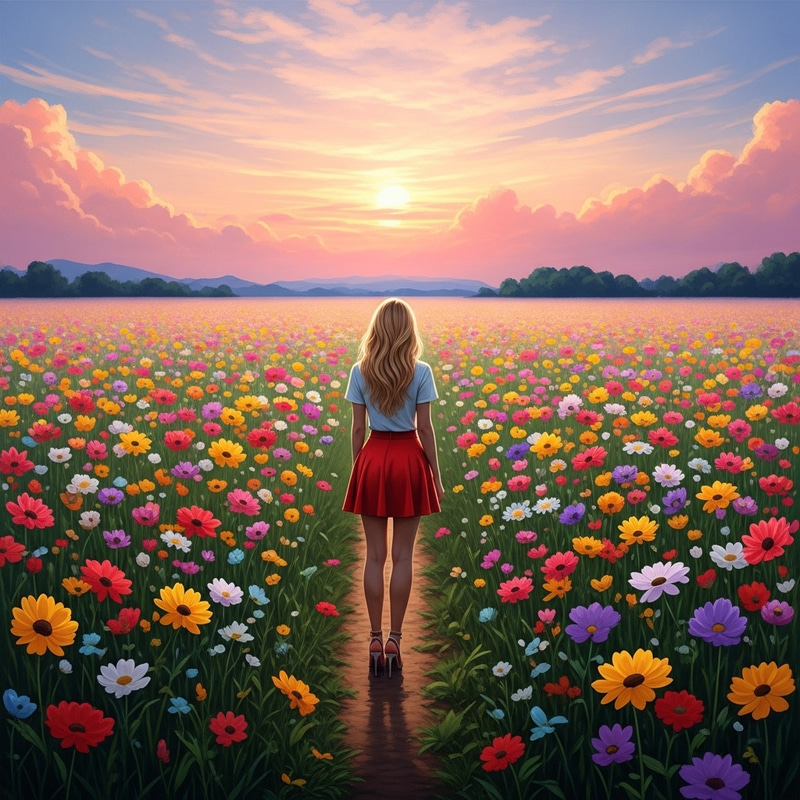 Blonde Woman in Vibrant Flower Field - Majestic Beauty Captured in Dreamlike Composition Blonde Woman in Vibrant Flower Field - Majestic Beauty Captured in Dreamlike Composition