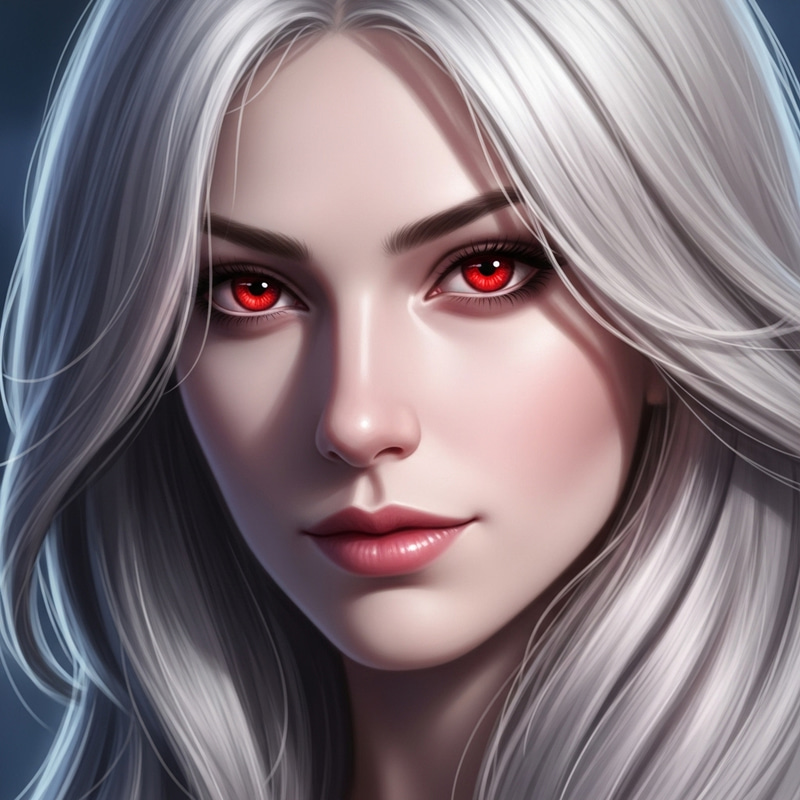 Captivating Woman with White Hair and Fiery Red Eyes Captivating Woman with White Hair and Fiery Red Eyes