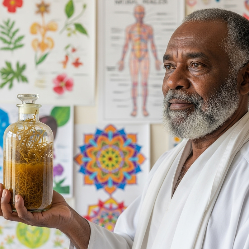 Dr. Sebi with Sea Moss: Natural Healing Illustration Dr. Sebi with Sea Moss: Natural Healing Illustration