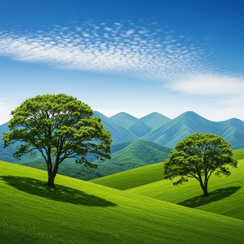Lush Green Landscape with Mountains and Blue Sky Lush Green Landscape with Mountains and Blue Sky