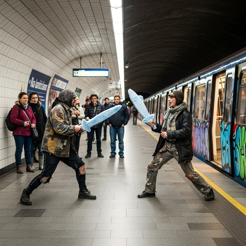 Homeless People Battle with Frozen Cats in Subway Station Homeless People Battle with Frozen Cats in Subway Station