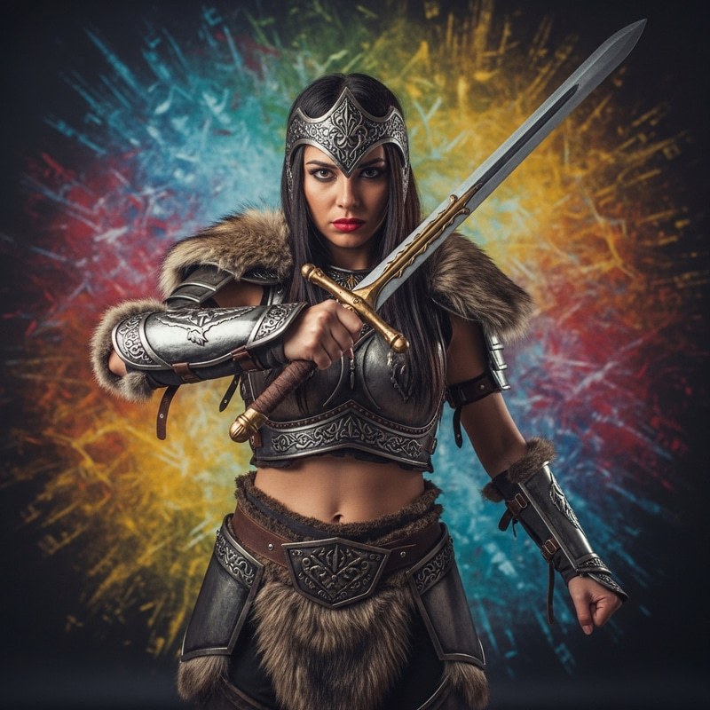 Dynamic Female Warrior in Colorful Metal Armor Dynamic Female Warrior in Colorful Metal Armor