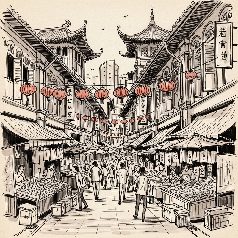 Chinatown Singapore: Whimsical Ink Sketch Art Chinatown Singapore: Whimsical Ink Sketch Art