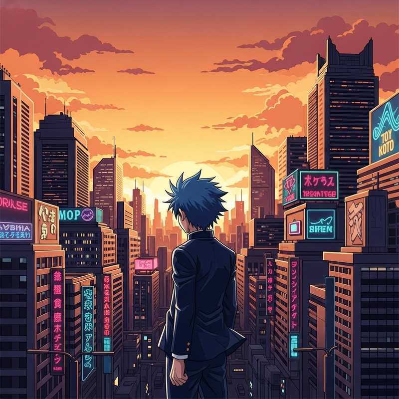 Anime-Inspired Vector Art: Spiky Blue Hair Character in Urban Setting | Dynamic Illustration Anime-Inspired Vector Art: Spiky Blue Hair Character in Urban Setting | Dynamic Illustration
