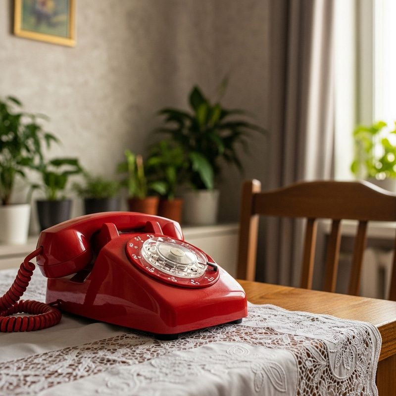 Vintage Red Telephone on Wooden Table Vintage Red Telephone on Wooden Table