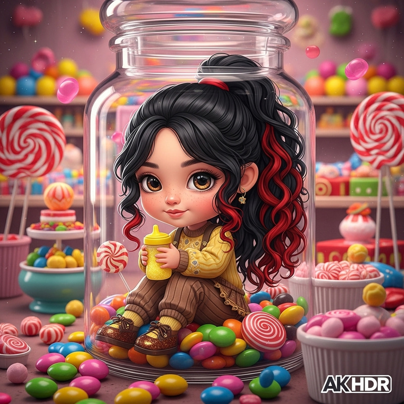 Realistic Chibi Style Illustration of Light Skin American Girl in Candy Store Atmosphere Realistic Chibi Style Illustration of Light Skin American Girl in Candy Store Atmosphere