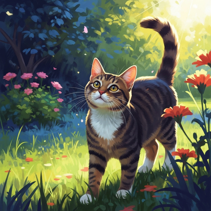 Happy-Go-Lucky Tabby Cat in Bright Garden - Whimsical Digital Painting Happy-Go-Lucky Tabby Cat in Bright Garden - Whimsical Digital Painting