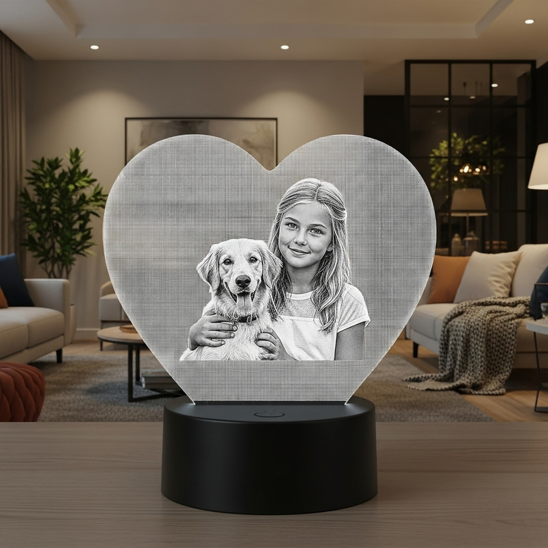 3D Engraved Crystal Heart with Girl and Dog Image in Home Setting 3D Engraved Crystal Heart with Girl and Dog Image in Home Setting