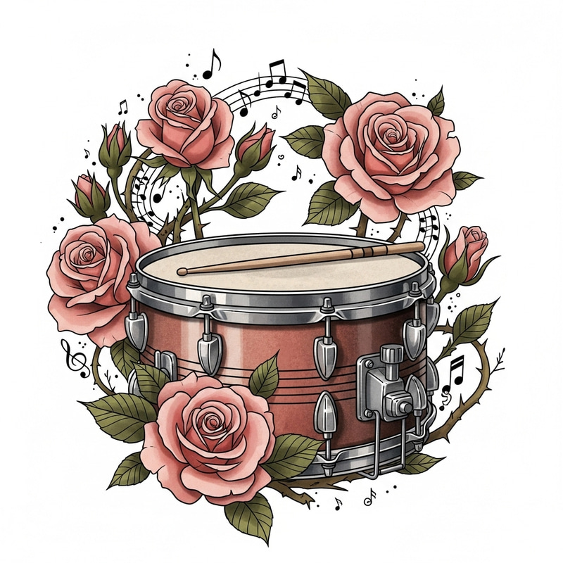 Drum Snare and Roses Tattoo | Detailed Musical Nature Design