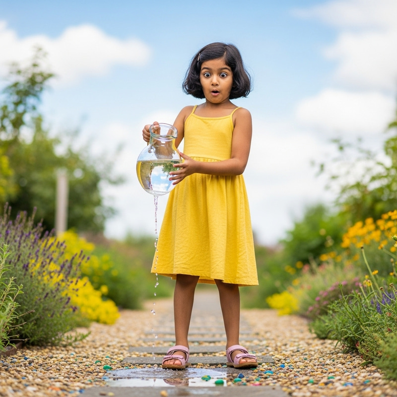 Surprised Girl Spills Water Outdoors - Enchanting Scene Surprised Girl Spills Water Outdoors - Enchanting Scene