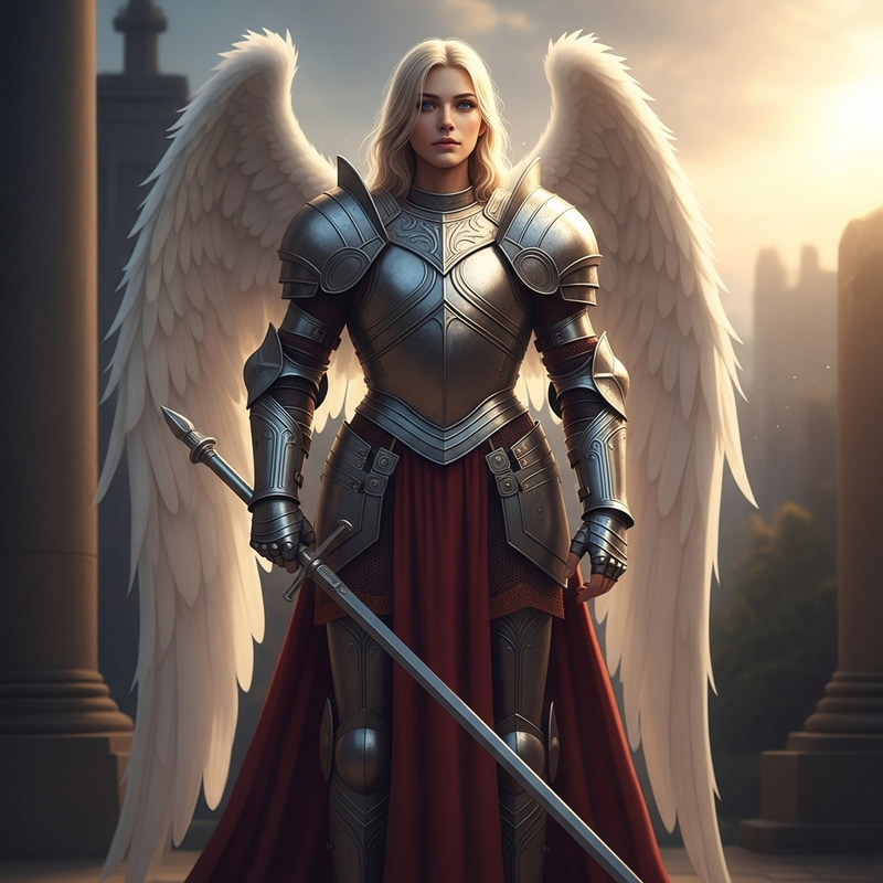 Divine Angel in Silver Armor - Ethereal Beauty and Strength Divine Angel in Silver Armor - Ethereal Beauty and Strength