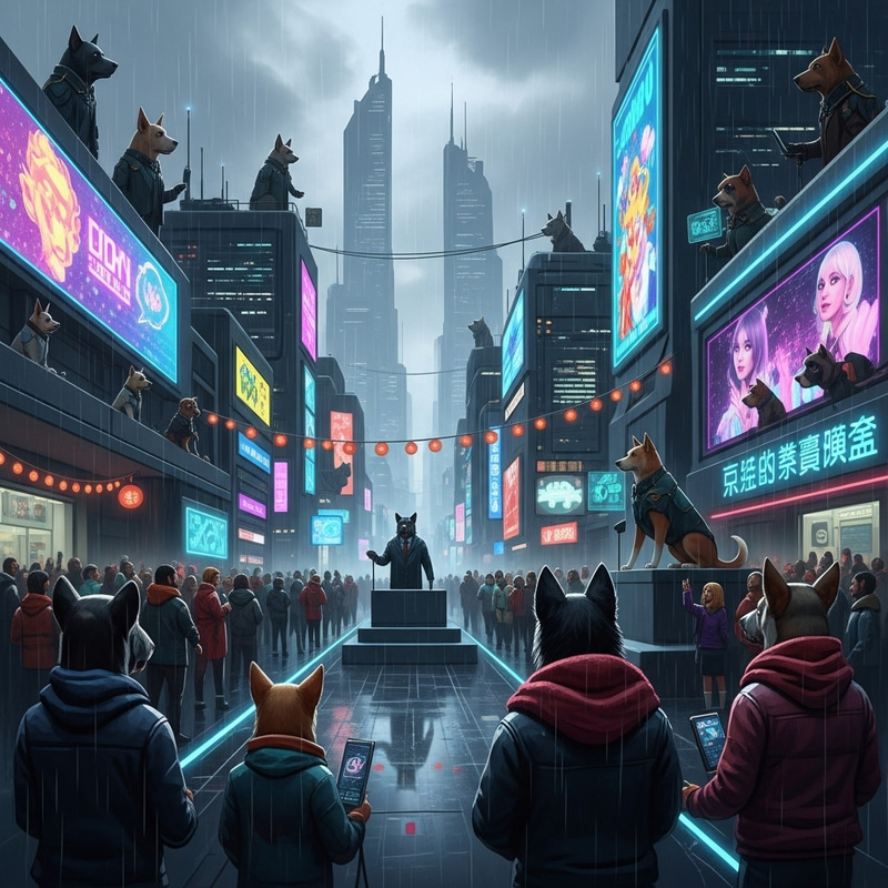 Futuristic City with Dog Leaders | Rainy Festive Streets