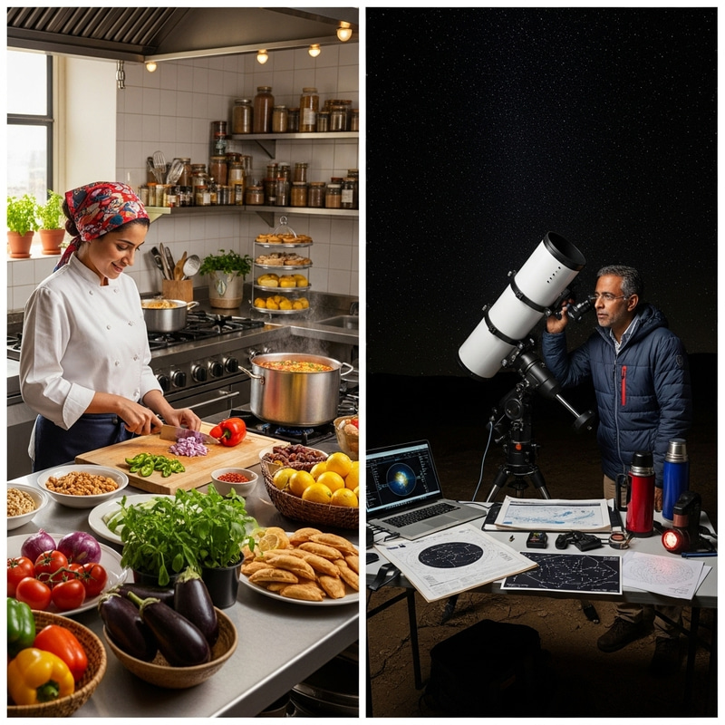 Character Illustrations: Middle-Eastern Female Chef & South Asian Male Astronomer Scenes Character Illustrations: Middle-Eastern Female Chef & South Asian Male Astronomer Scenes
