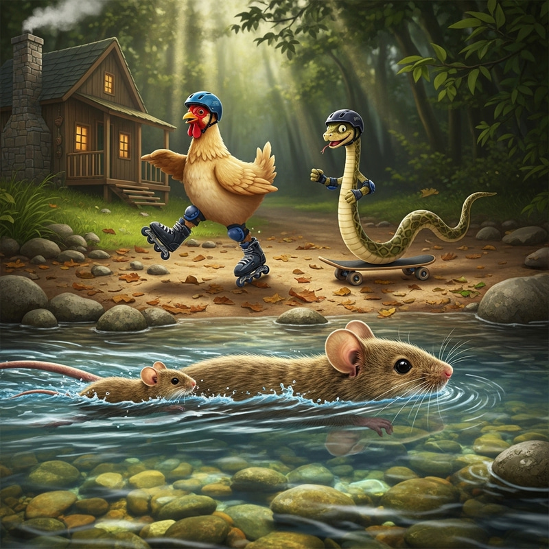 Large and Small Mice Swimming, Chicken and Snake Roller Skating Large and Small Mice Swimming, Chicken and Snake Roller Skating