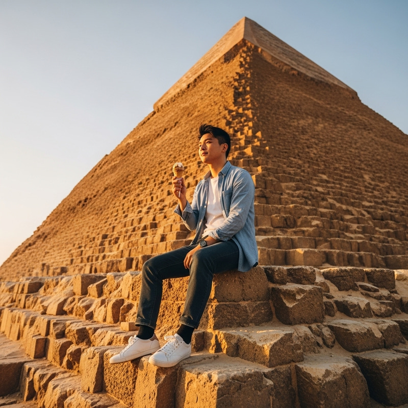 Asian Man Enjoying Chocolate Ice Cream on Ancient Egyptian Pyramids at Sunset