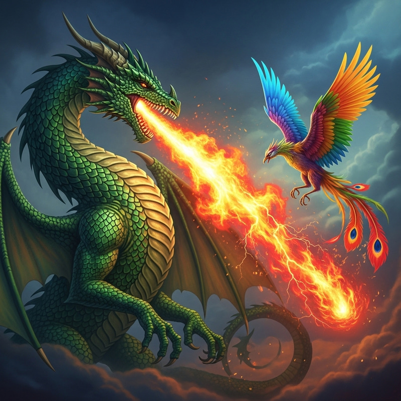 Majestic Green Dragon with Fiery Phoenix Majestic Green Dragon with Fiery Phoenix