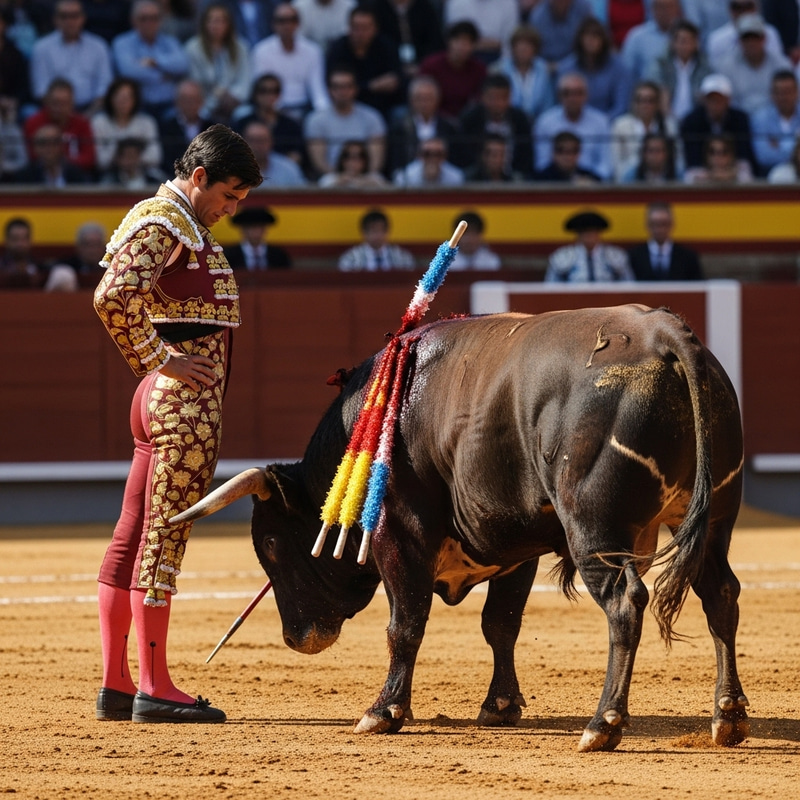 Spanish Bullfighting: Bullfighter Facing Stabbing Bull
