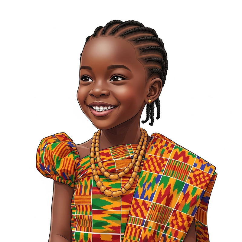 Young Ghanian Girl in Vibrant Kente Cloth - Realistic Cartoon