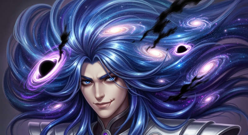 Galactic Villain: The Blue-Purple Anti-Hero with Massive Galaxy Hair Galactic Villain: The Blue-Purple Anti-Hero with Massive Galaxy Hair