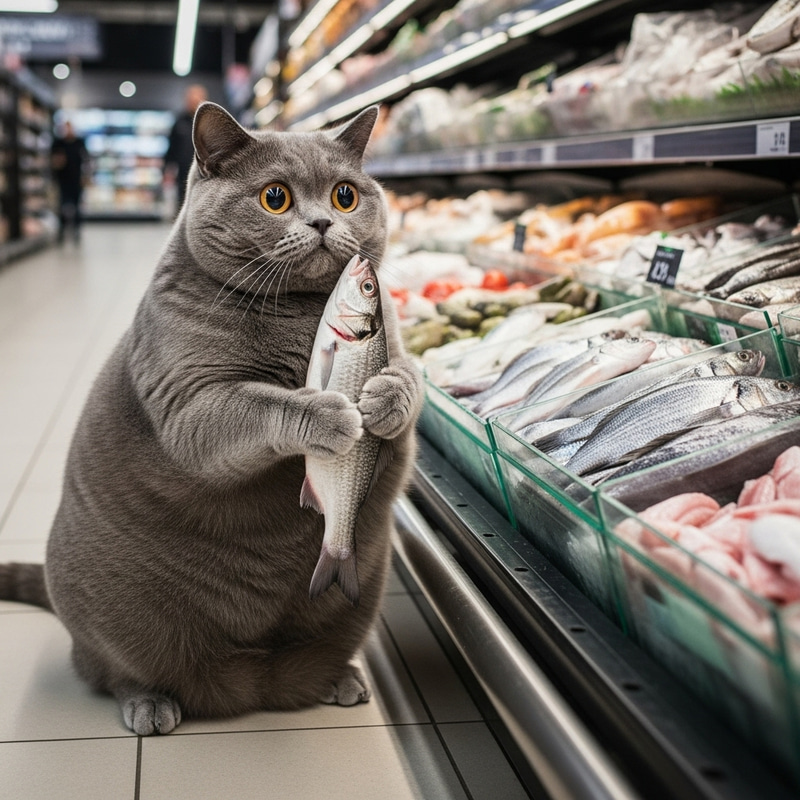Adorable Grey British Shorthair Cat in Supermarket Scene Adorable Grey British Shorthair Cat in Supermarket Scene