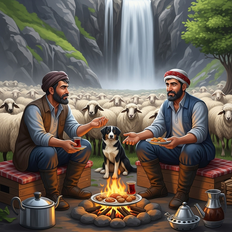 Tranquil Scene of Two Brothers Enjoying Kaz Mountains with Sheep