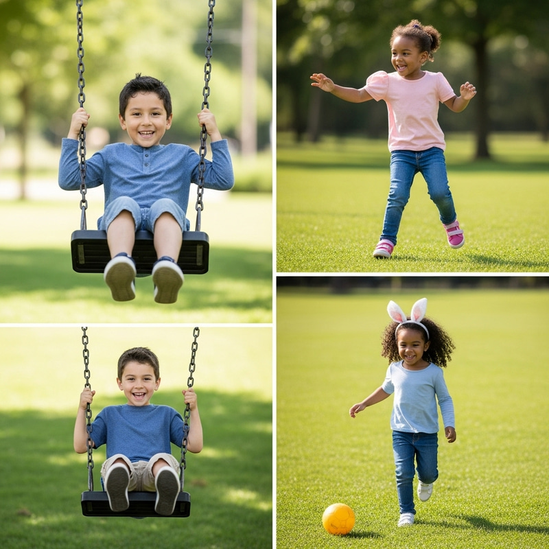 Playful Multicultural 6-7 Yr Olds Swinging, Tag & Role Play Fun