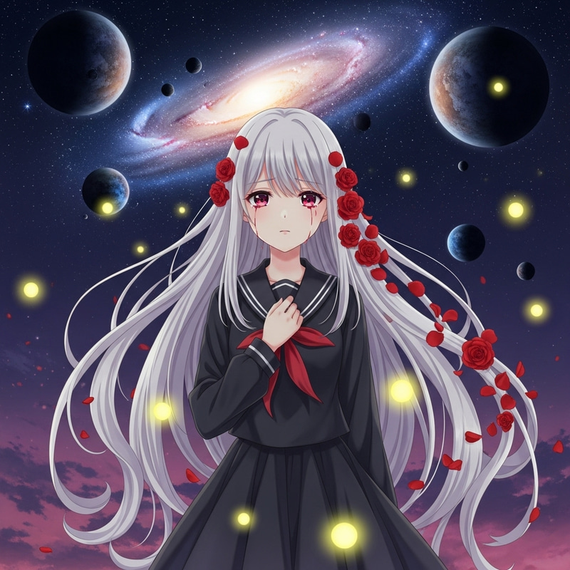 Enchanting Anime Girl with White Hair and Crimson Tears - Stunning Scene