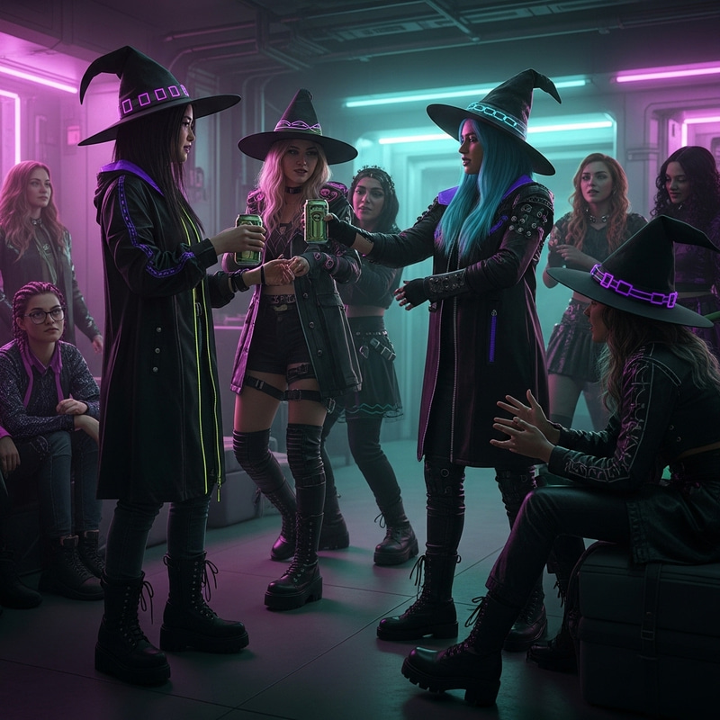 Cyberpunk Witches Meeting Shaking Beer and Dancing Cyberpunk Witches Meeting Shaking Beer and Dancing